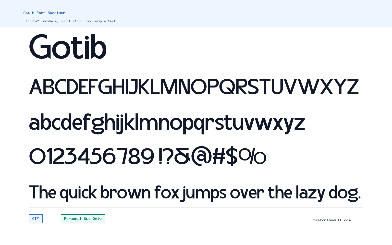 Gotib font specimen showing alphabet, numbers, and sample text