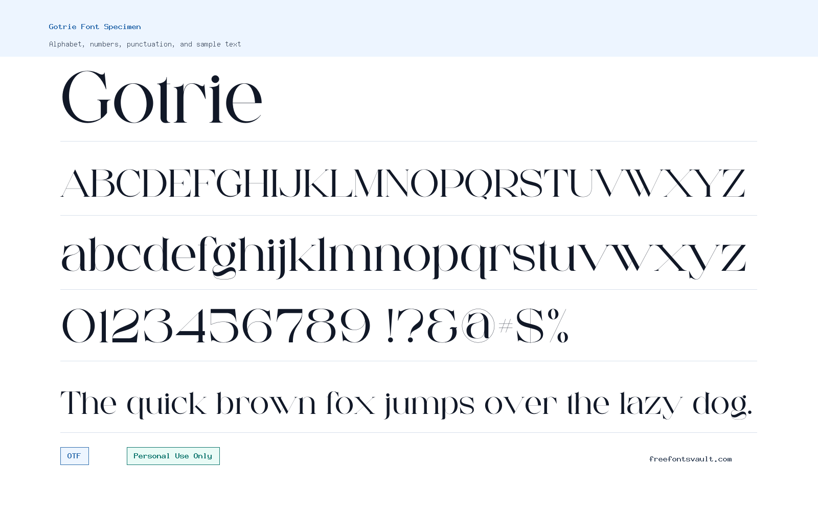 Gotrie font specimen showing alphabet, numbers, and sample text
