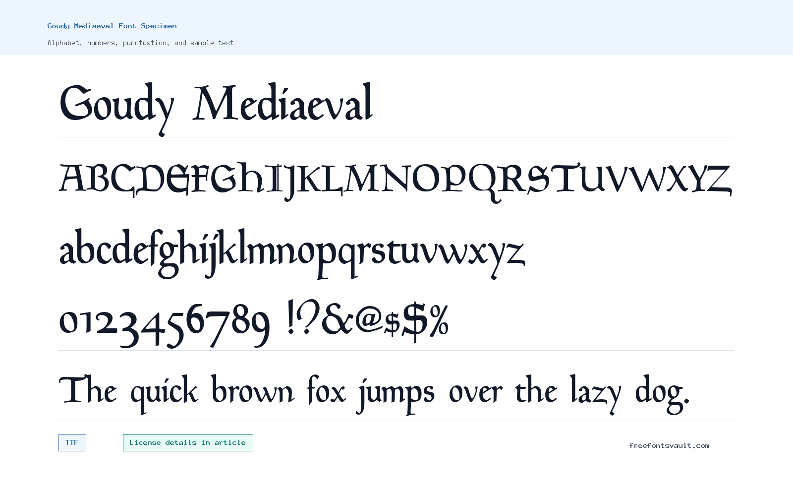 Goudy Mediaeval font specimen showing alphabet, numbers, and sample text