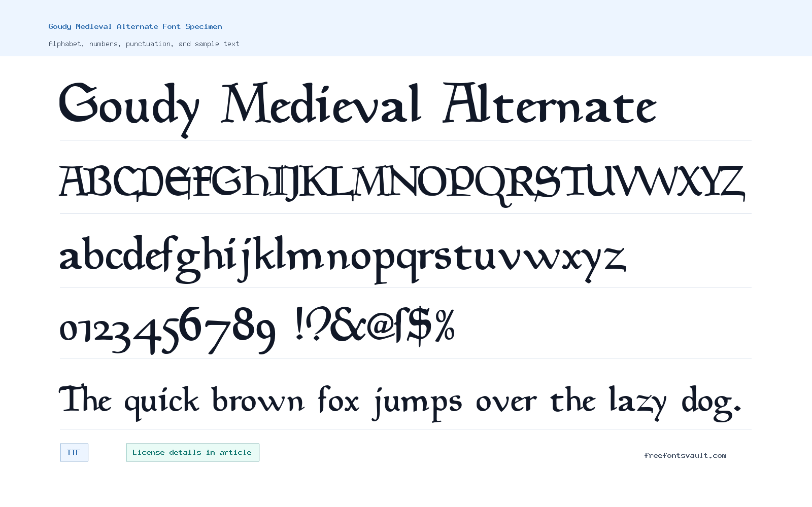 Goudy Medieval Alternate font specimen showing alphabet, numbers, and sample text