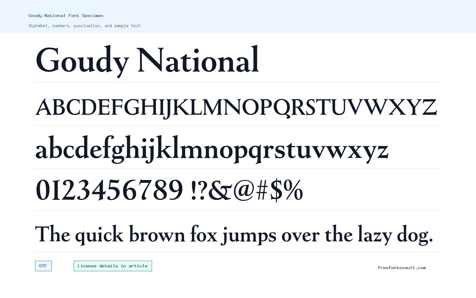 Goudy National font specimen showing alphabet, numbers, and sample text
