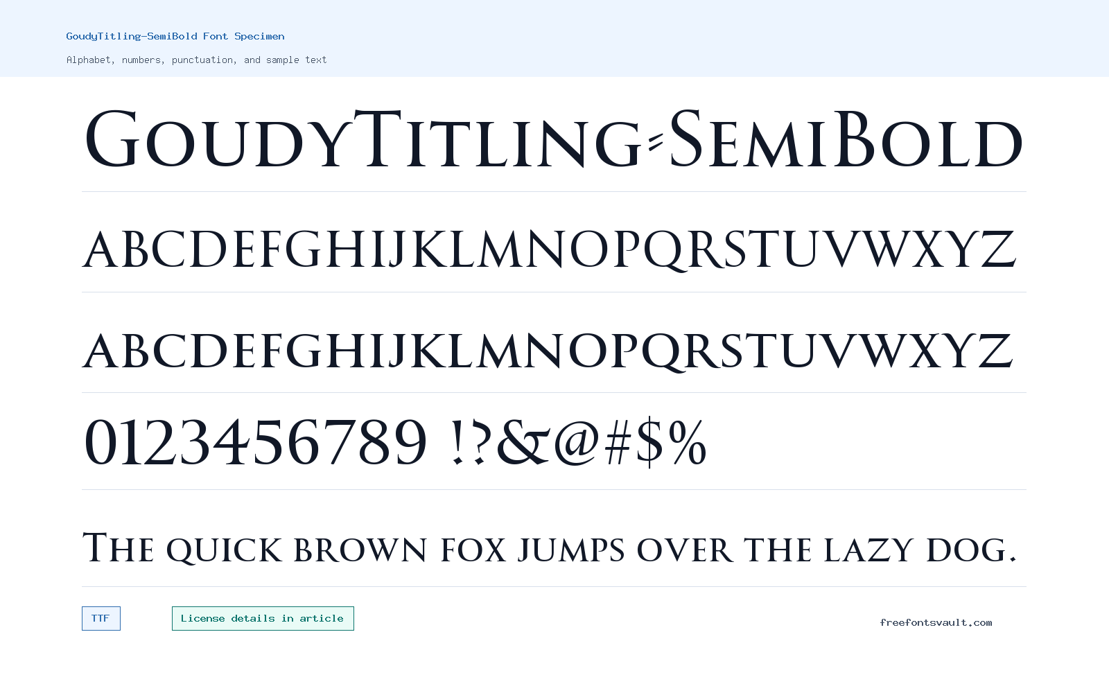 GoudyTitling-SemiBold font specimen showing alphabet, numbers, and sample text