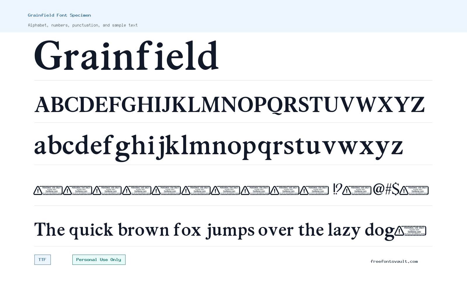 Grainfield font specimen showing alphabet, numbers, and sample text