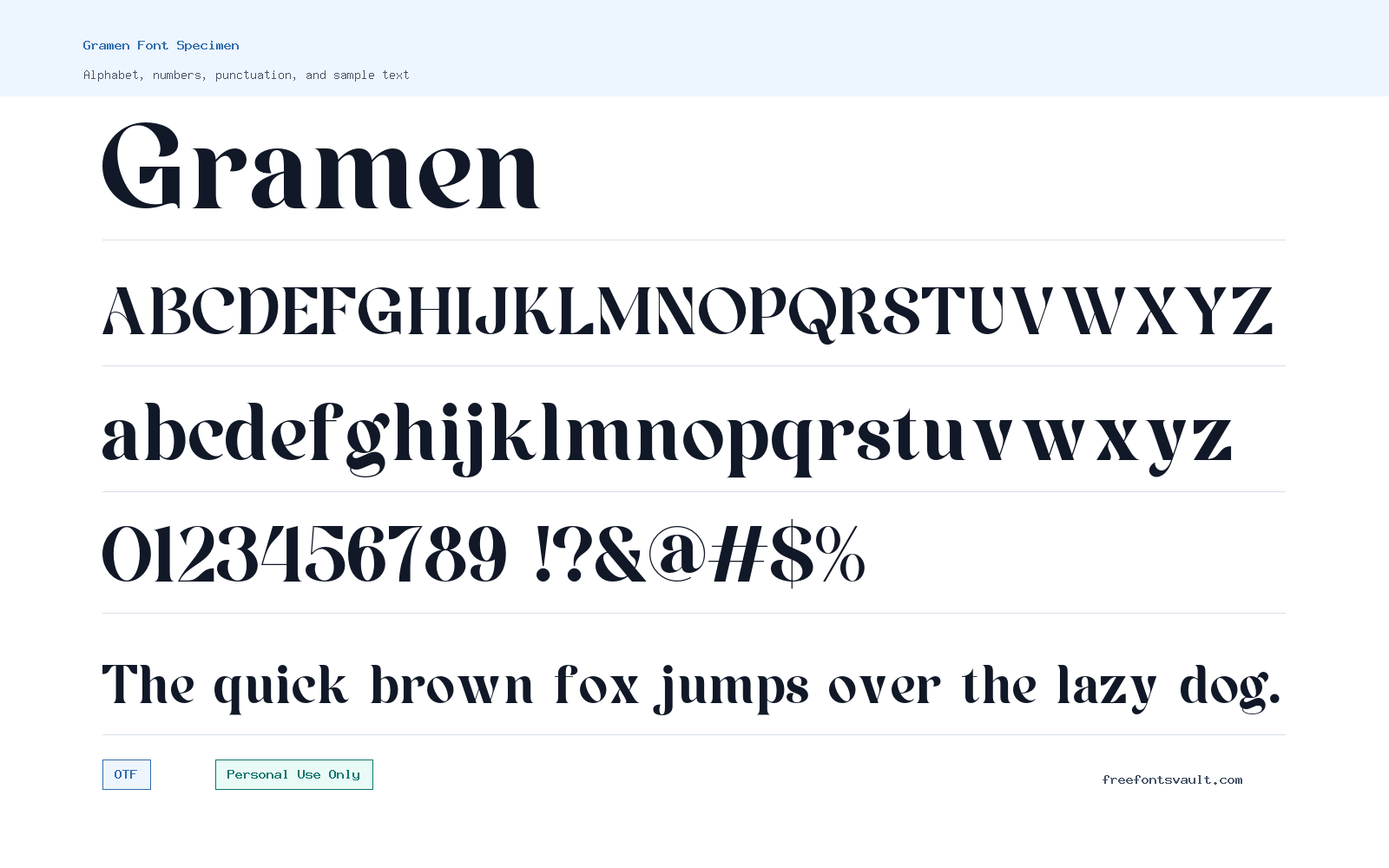Gramen font specimen showing alphabet, numbers, and sample text
