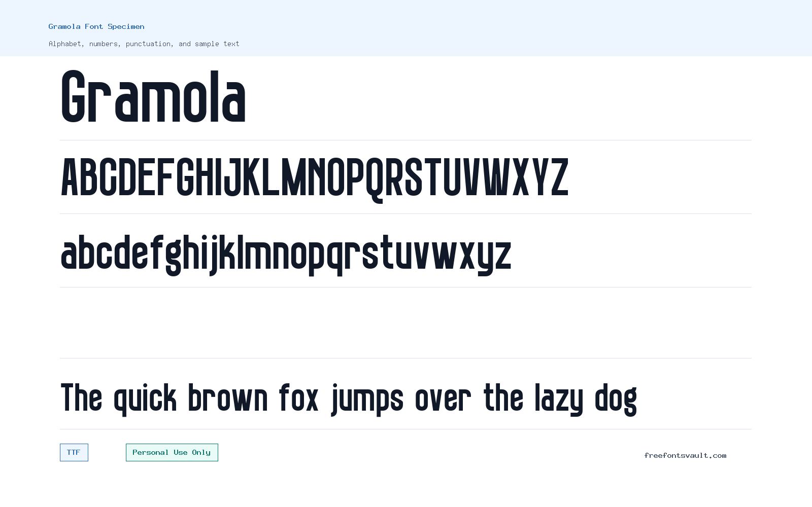 Gramola font specimen showing alphabet, numbers, and sample text