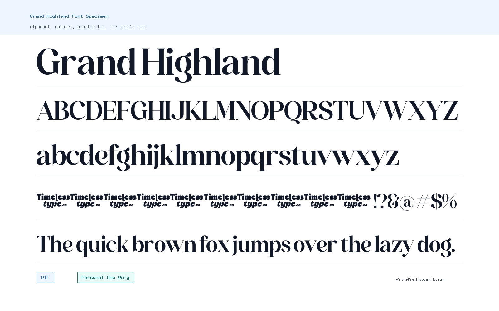 Grand Highland font specimen showing alphabet, numbers, and sample text