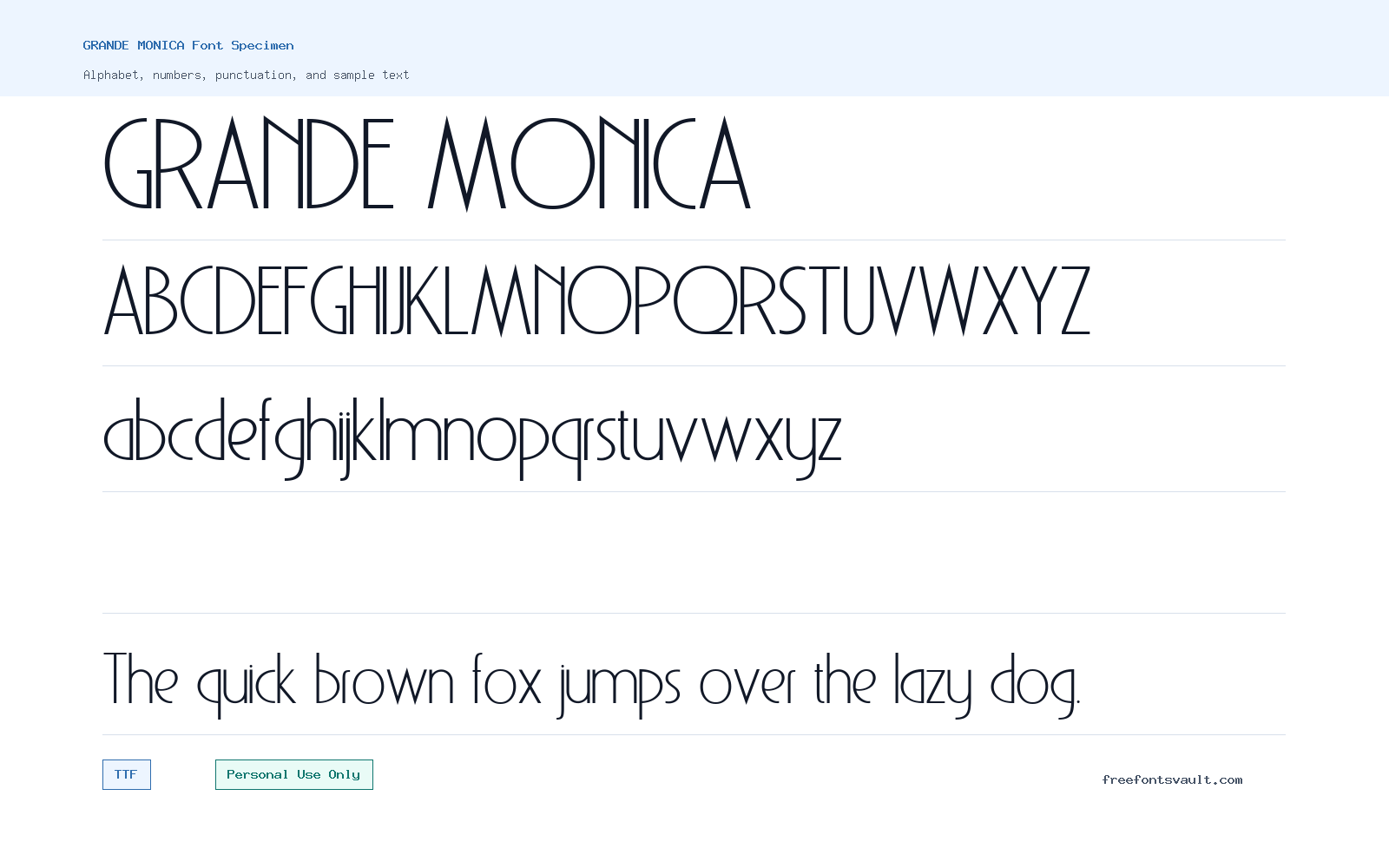 GRANDE MONICA font specimen showing alphabet, numbers, and sample text