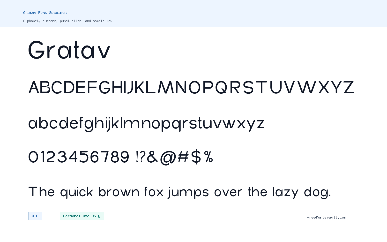 Gratav font specimen showing alphabet, numbers, and sample text