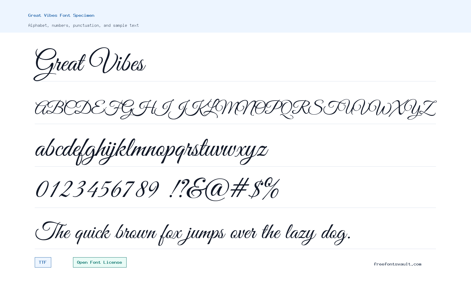 Great Vibes font specimen showing alphabet, numbers, and sample text