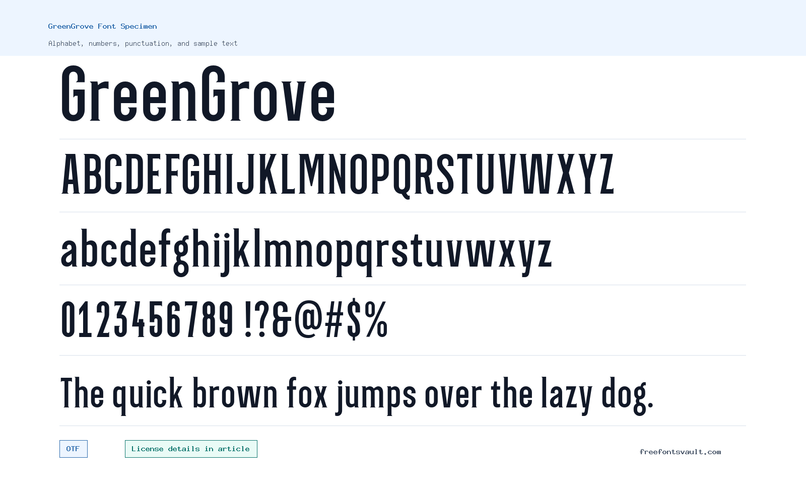 GreenGrove font specimen showing alphabet, numbers, and sample text