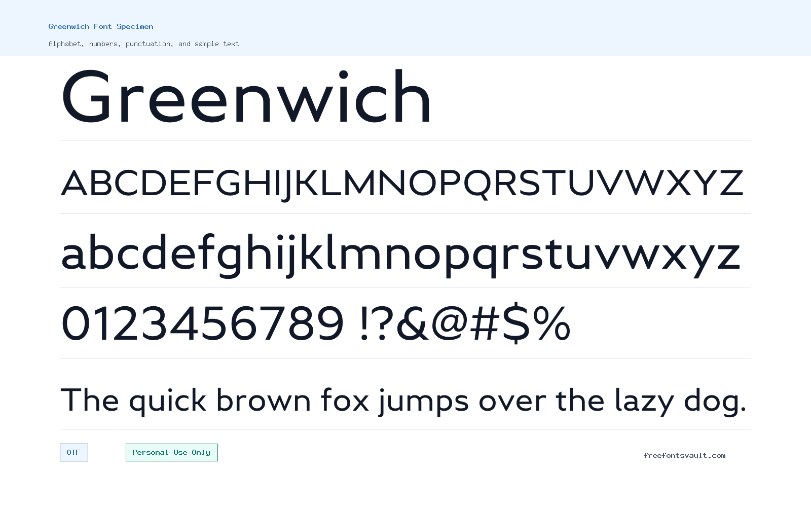 Greenwich font specimen showing alphabet, numbers, and sample text