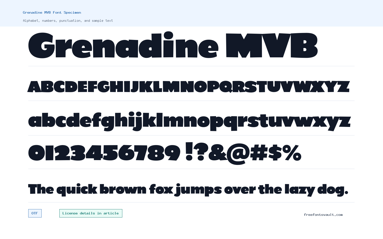 Grenadine MVB font specimen showing alphabet, numbers, and sample text