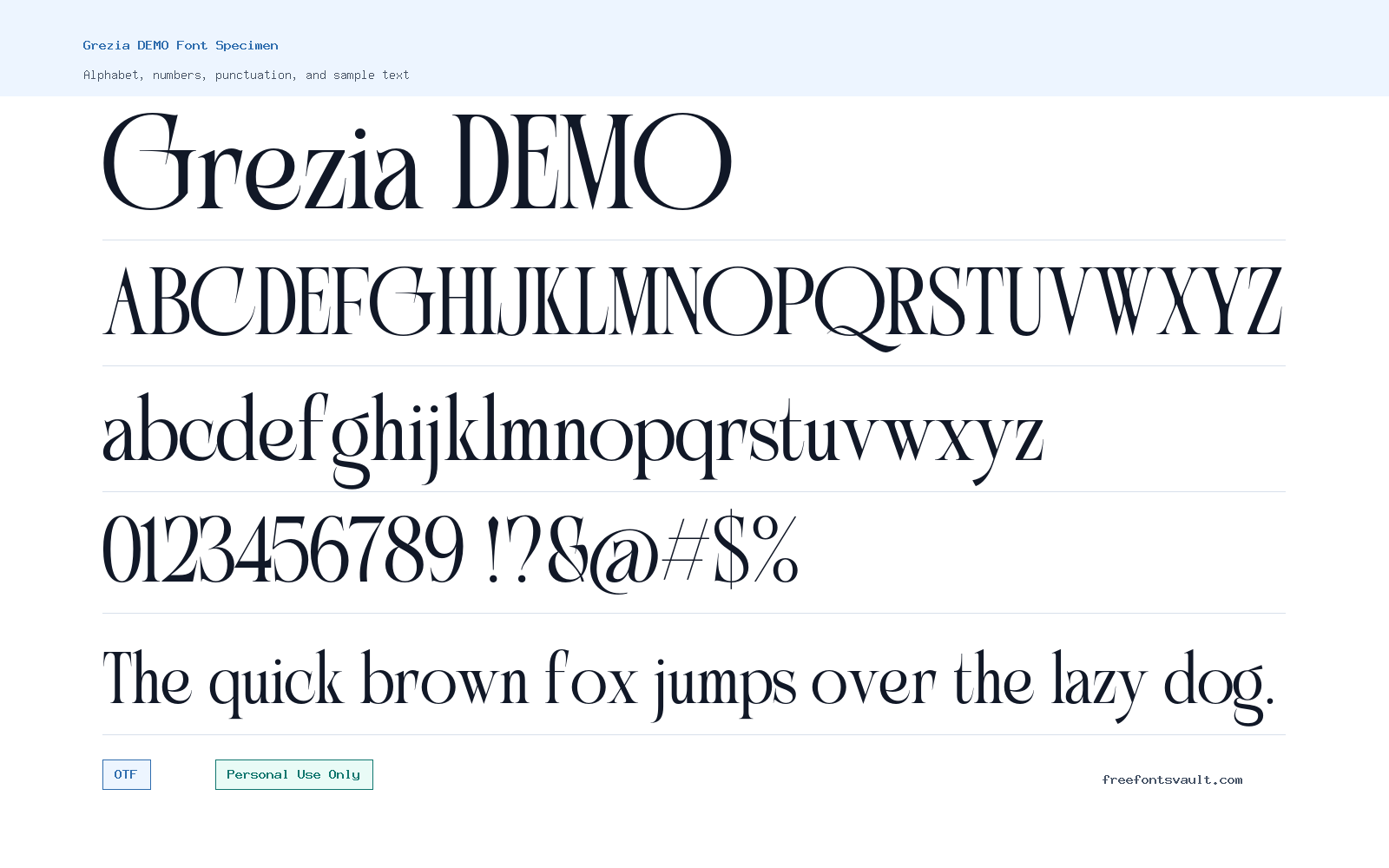 Grezia DEMO font specimen showing alphabet, numbers, and sample text