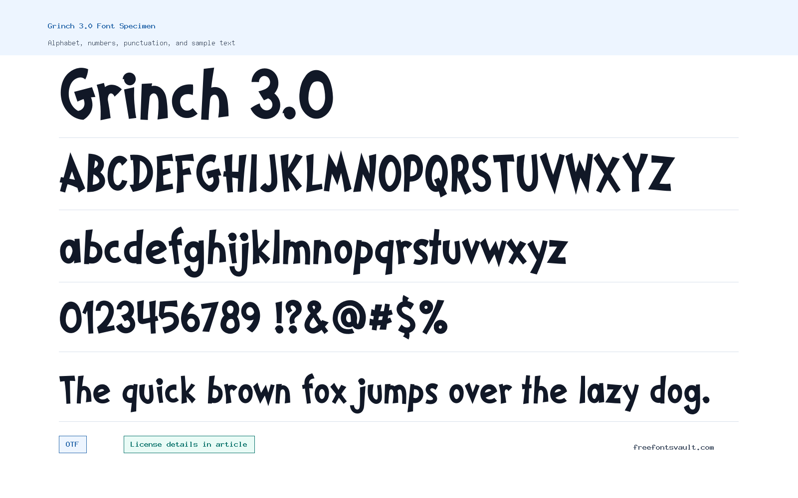Grinch 3.0 font specimen showing alphabet, numbers, and sample text