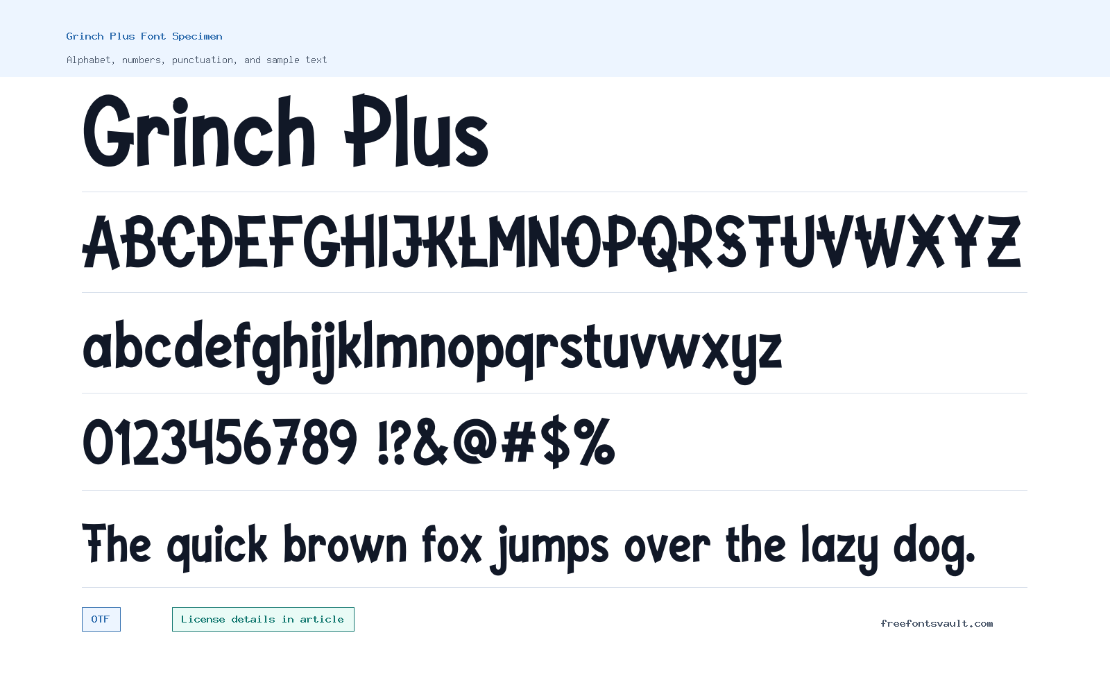 Grinch Plus font specimen showing alphabet, numbers, and sample text