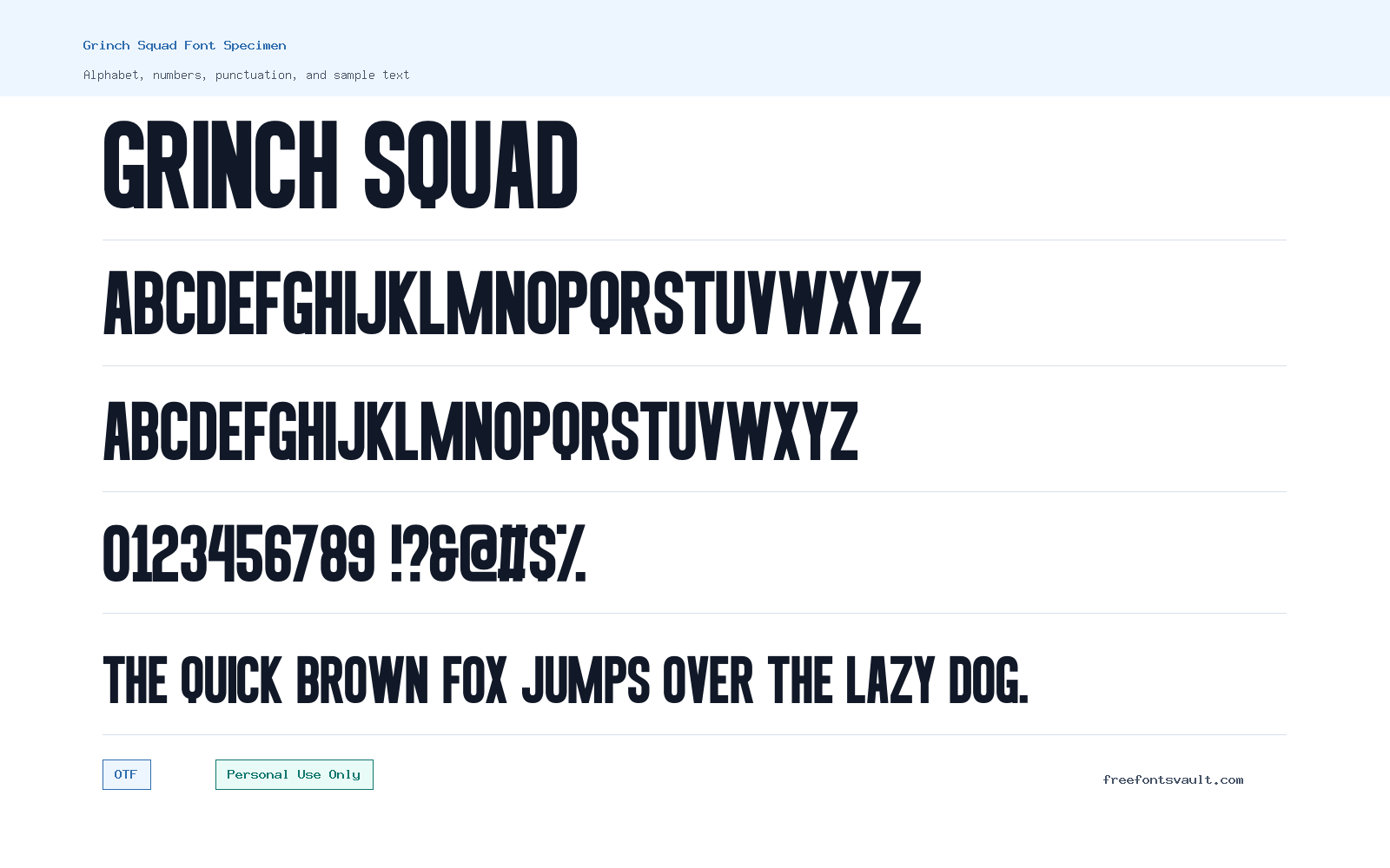 Grinch Squad font specimen showing alphabet, numbers, and sample text