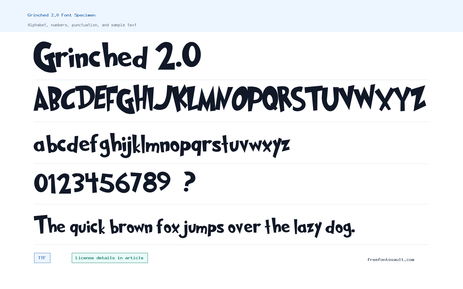 Grinched 2.0 font specimen showing alphabet, numbers, and sample text