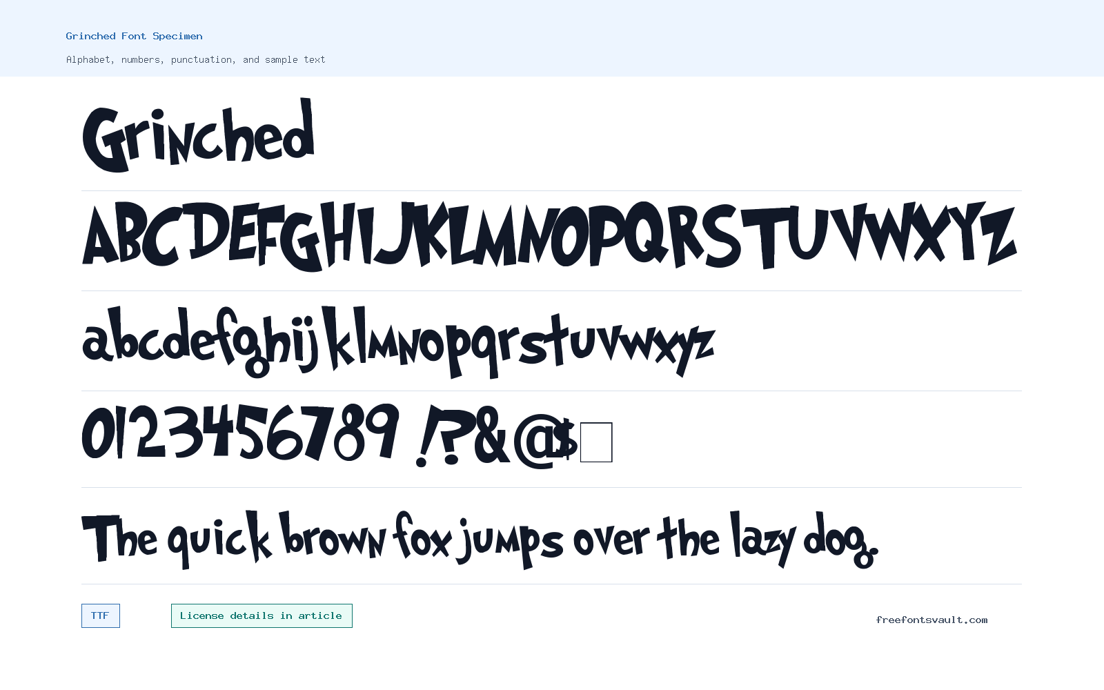 Grinched font specimen showing alphabet, numbers, and sample text
