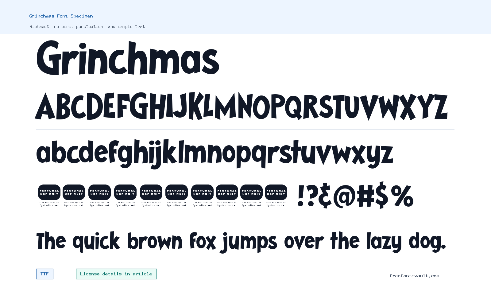 Grinchmas font specimen showing alphabet, numbers, and sample text