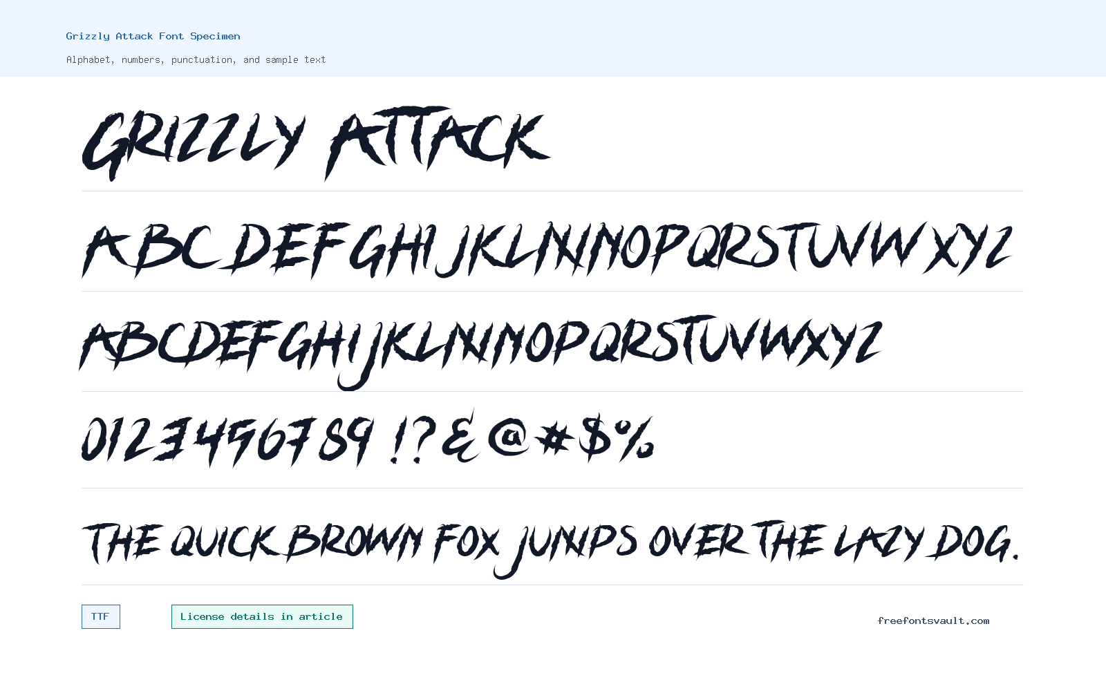 Grizzly Attack font specimen showing alphabet, numbers, and sample text
