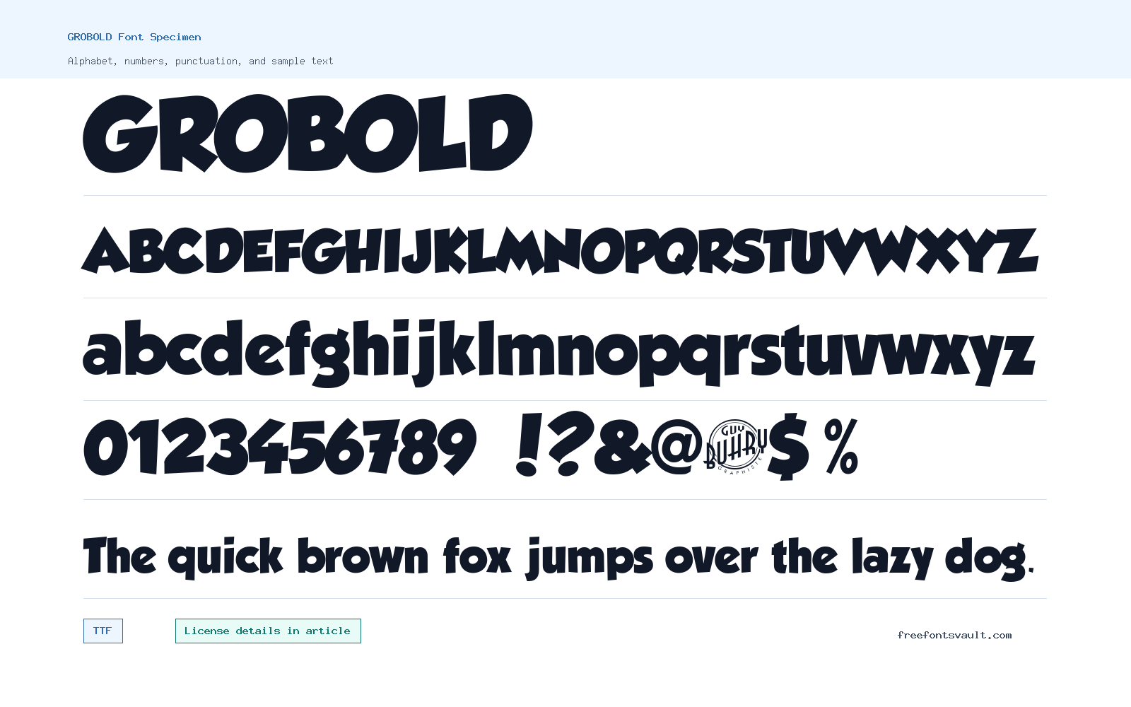 GROBOLD font specimen showing alphabet, numbers, and sample text