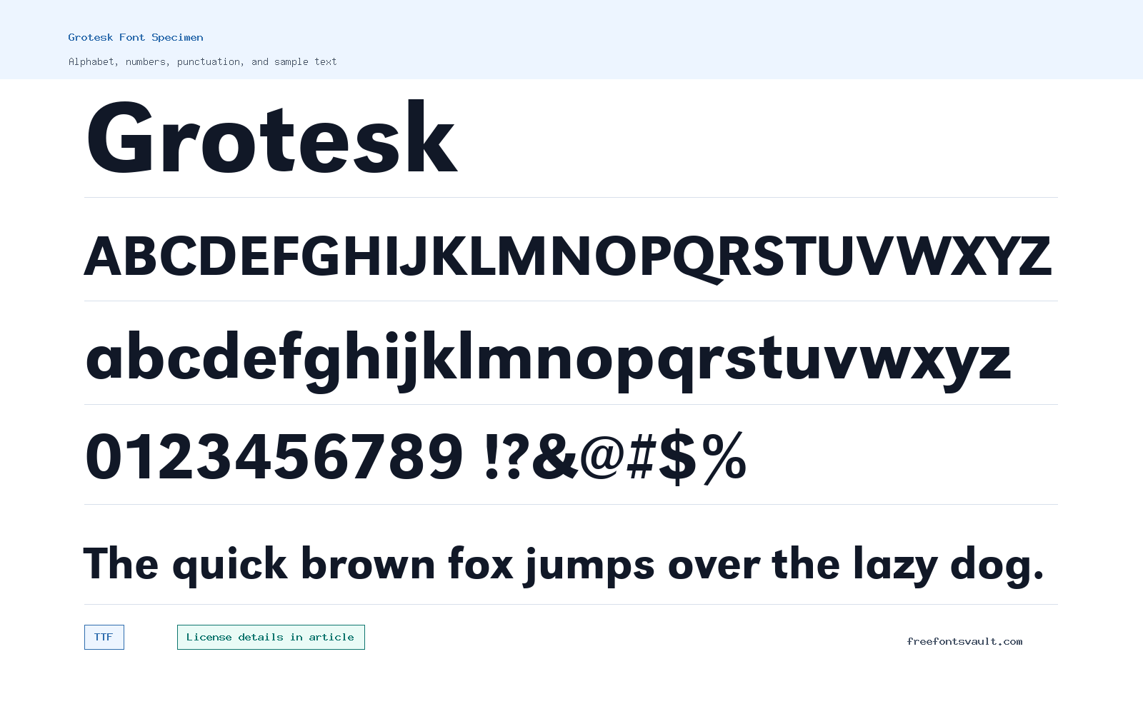 Grotesk font specimen showing alphabet, numbers, and sample text