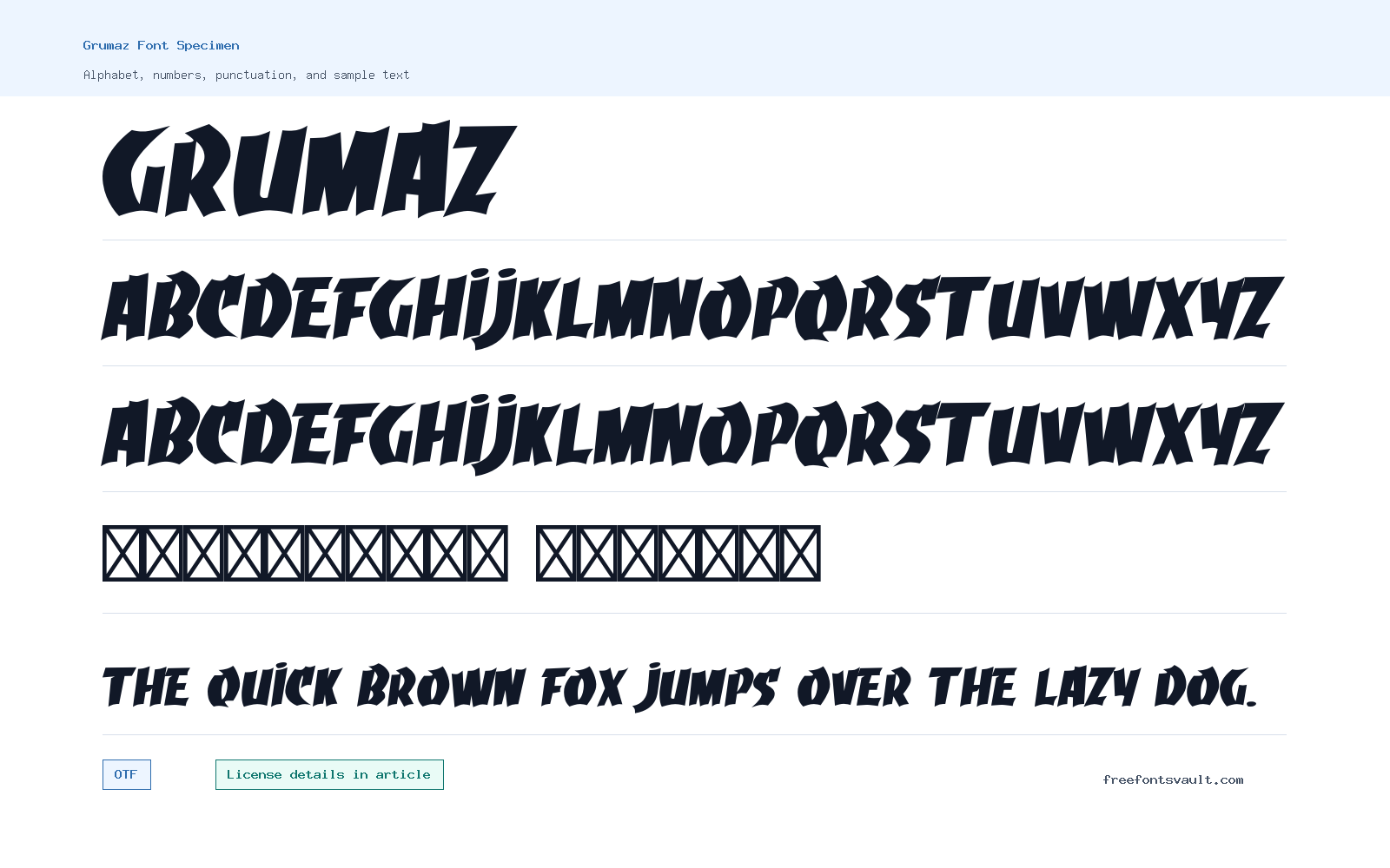 Grumaz font specimen showing alphabet, numbers, and sample text