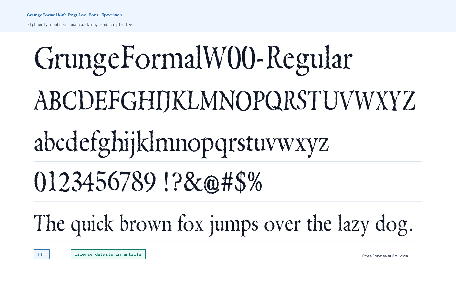 GrungeFormalW00-Regular font specimen showing alphabet, numbers, and sample text