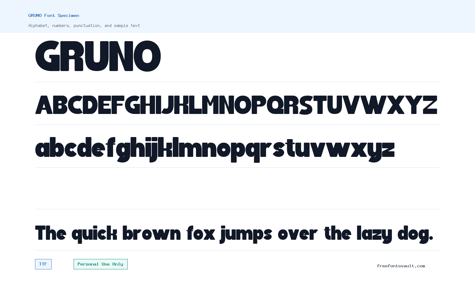 GRUNO font specimen showing alphabet, numbers, and sample text