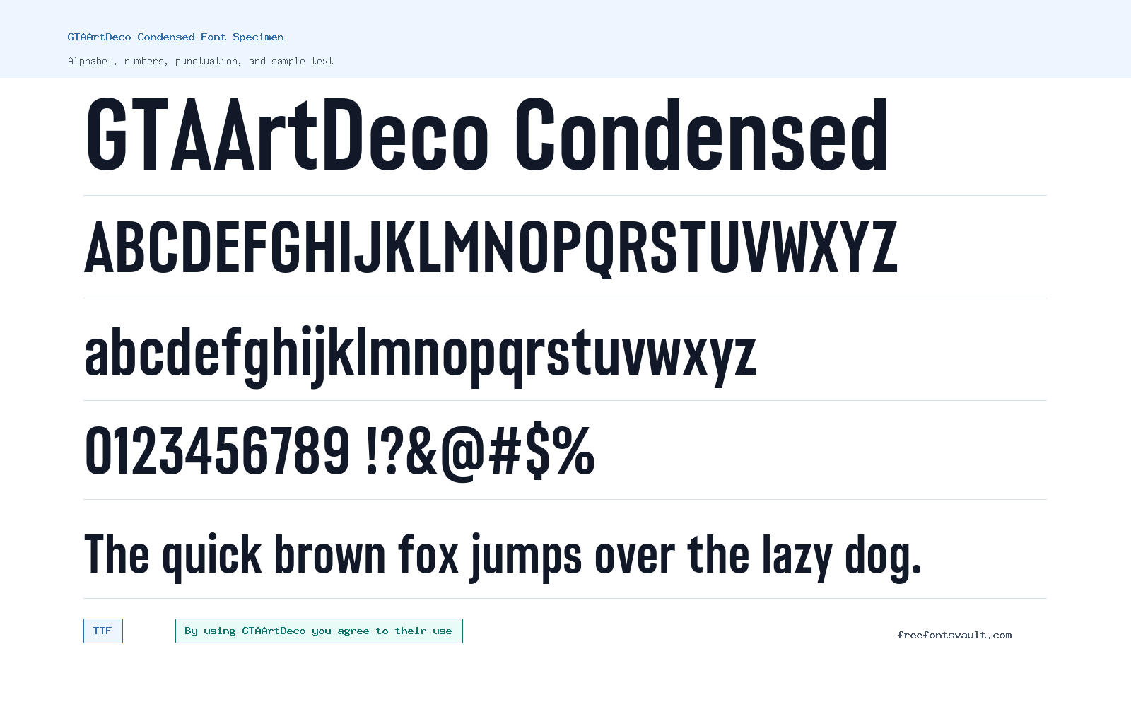 GTAArtDeco Condensed font specimen showing alphabet, numbers, and sample text