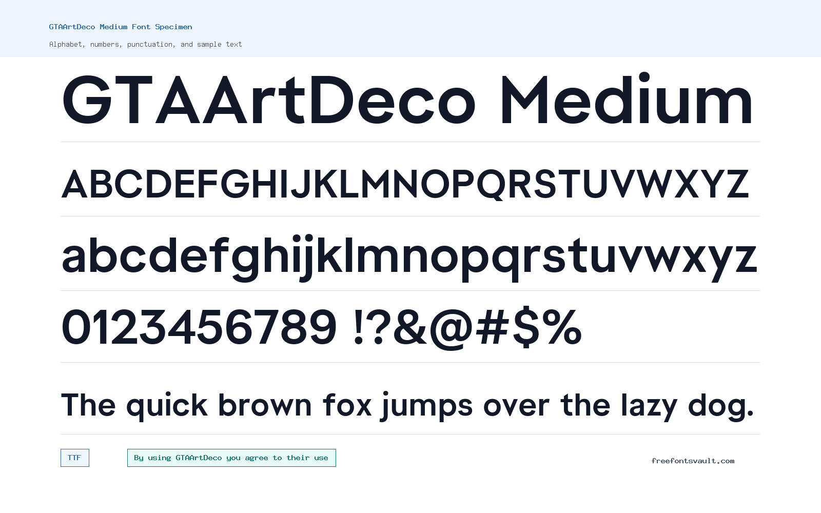 GTAArtDeco Medium font specimen showing alphabet, numbers, and sample text