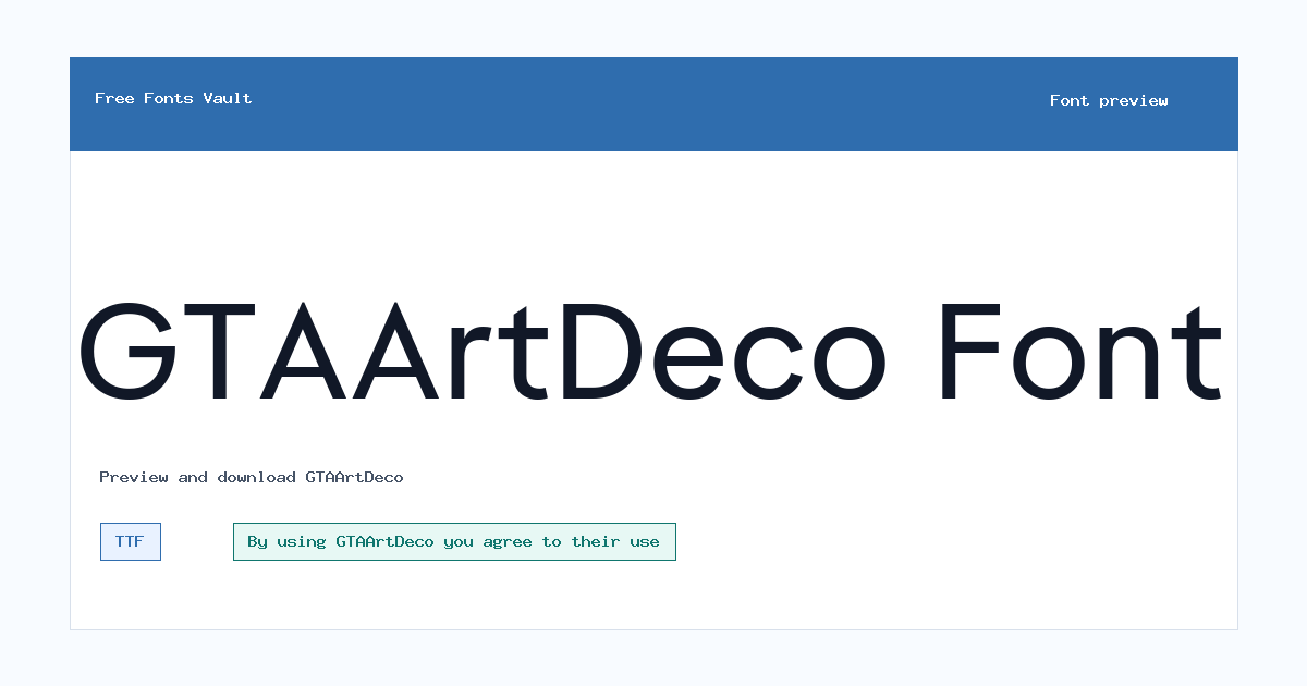 GTAArtDeco font preview showing the family name