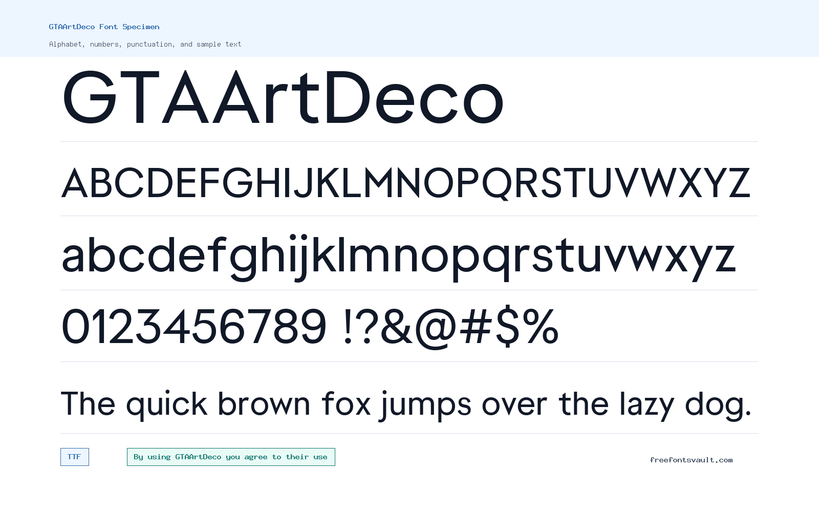 GTAArtDeco font specimen showing alphabet, numbers, and sample text