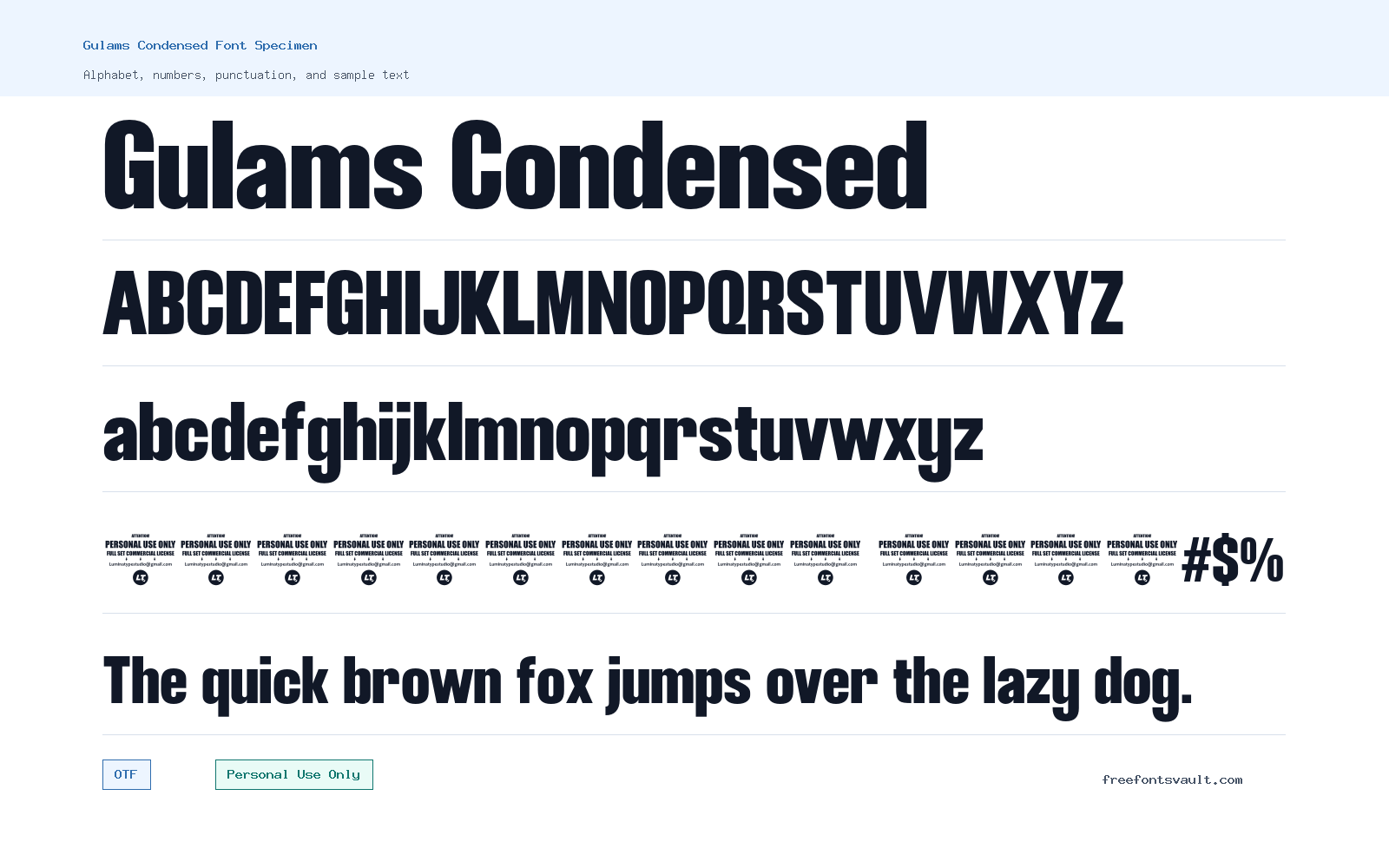 Gulams Condensed font specimen showing alphabet, numbers, and sample text