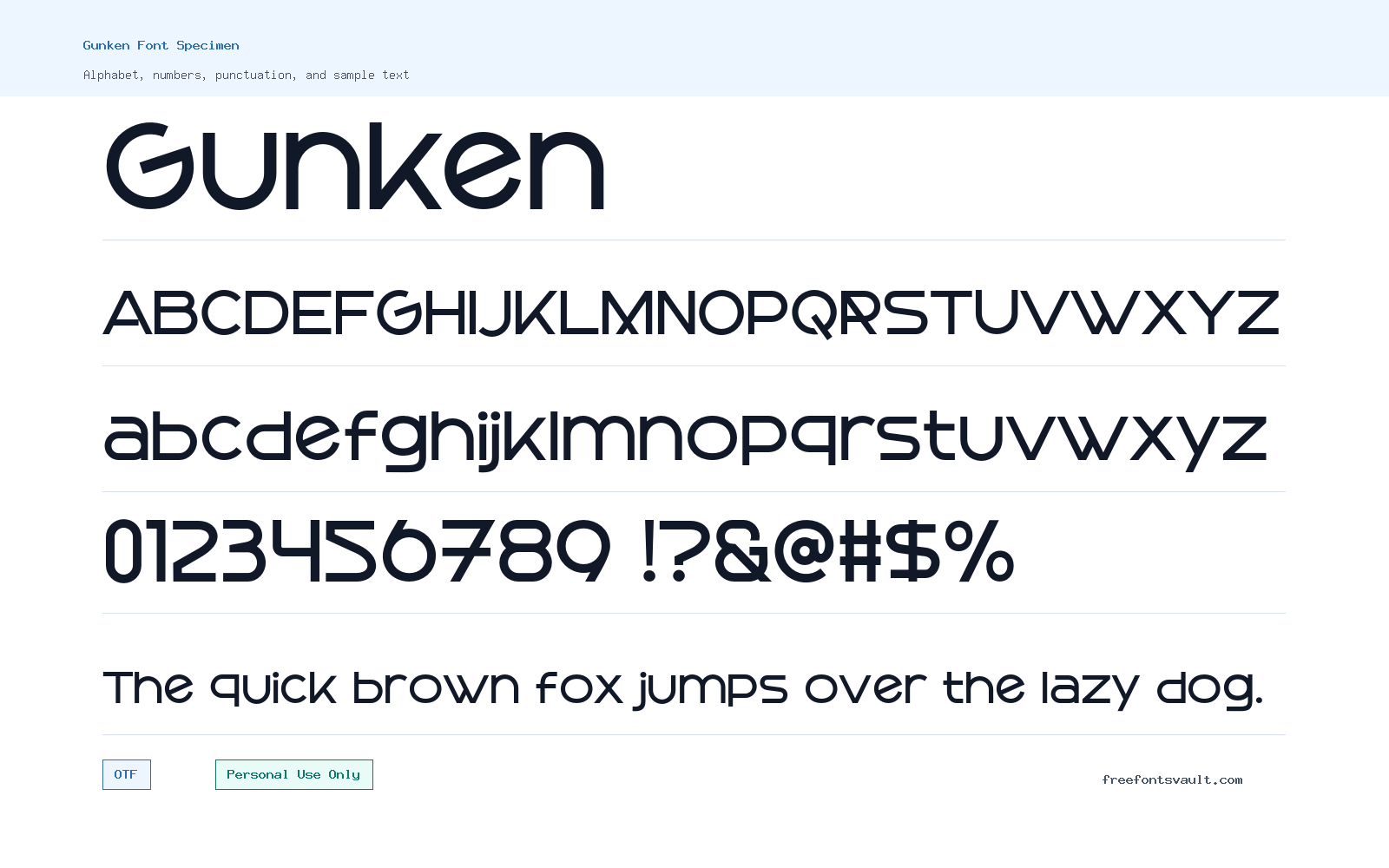 Gunken font specimen showing alphabet, numbers, and sample text