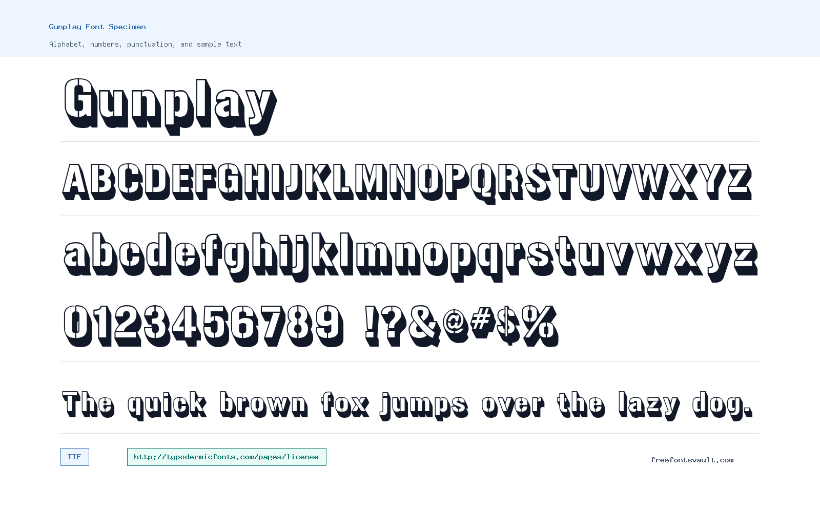 Gunplay font specimen showing alphabet, numbers, and sample text