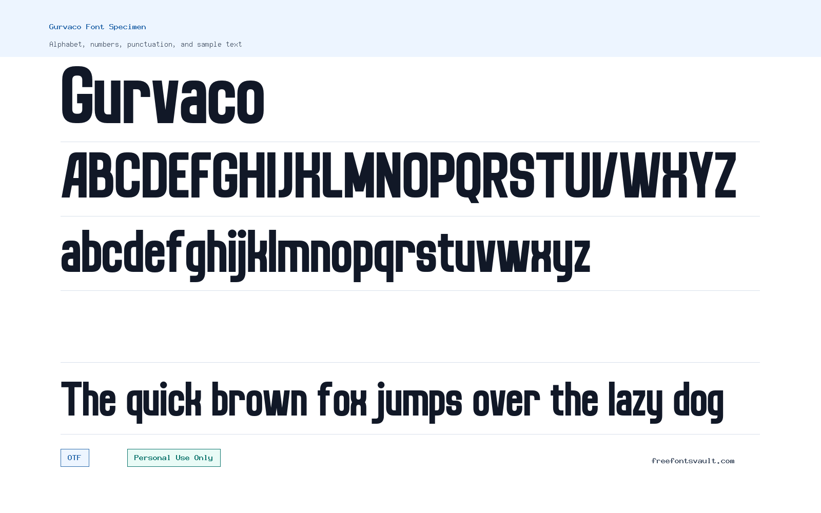 Gurvaco font specimen showing alphabet, numbers, and sample text