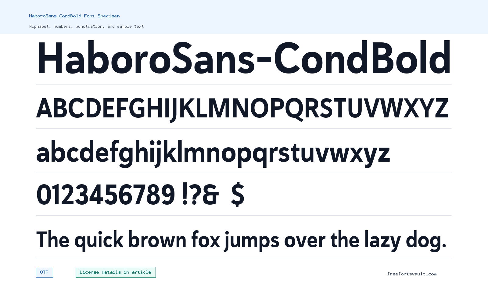 HaboroSans-CondBold font specimen showing alphabet, numbers, and sample text