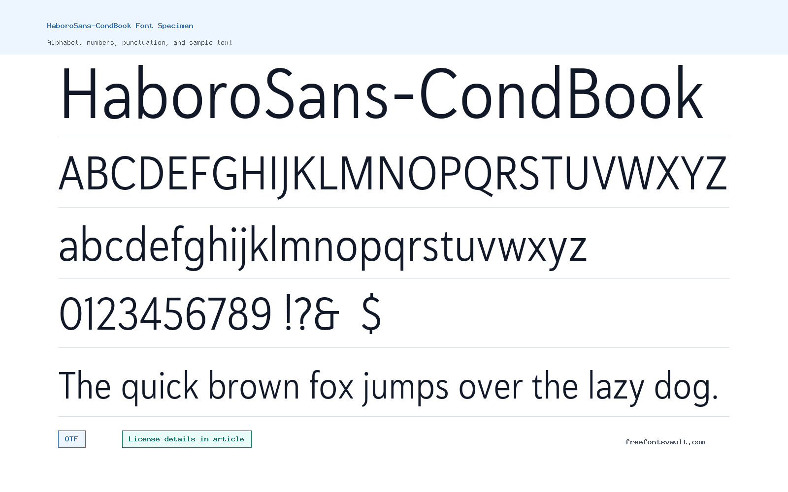 HaboroSans-CondBook font specimen showing alphabet, numbers, and sample text