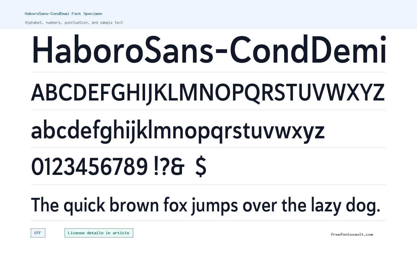 HaboroSans-CondDemi font specimen showing alphabet, numbers, and sample text