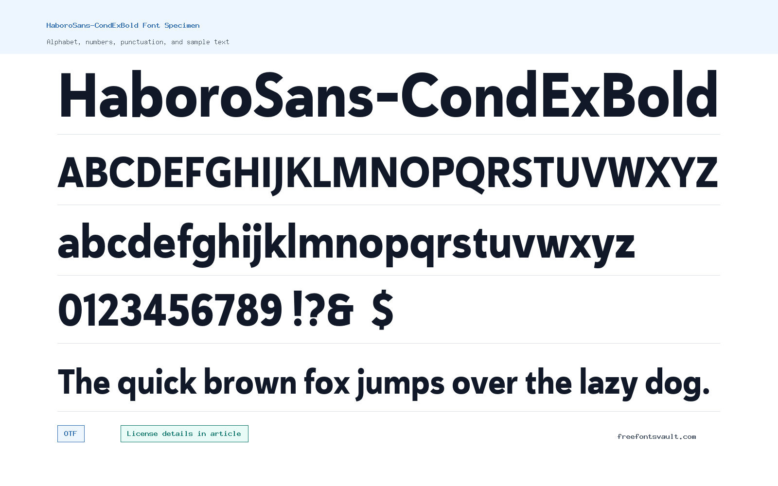 HaboroSans-CondExBold font specimen showing alphabet, numbers, and sample text