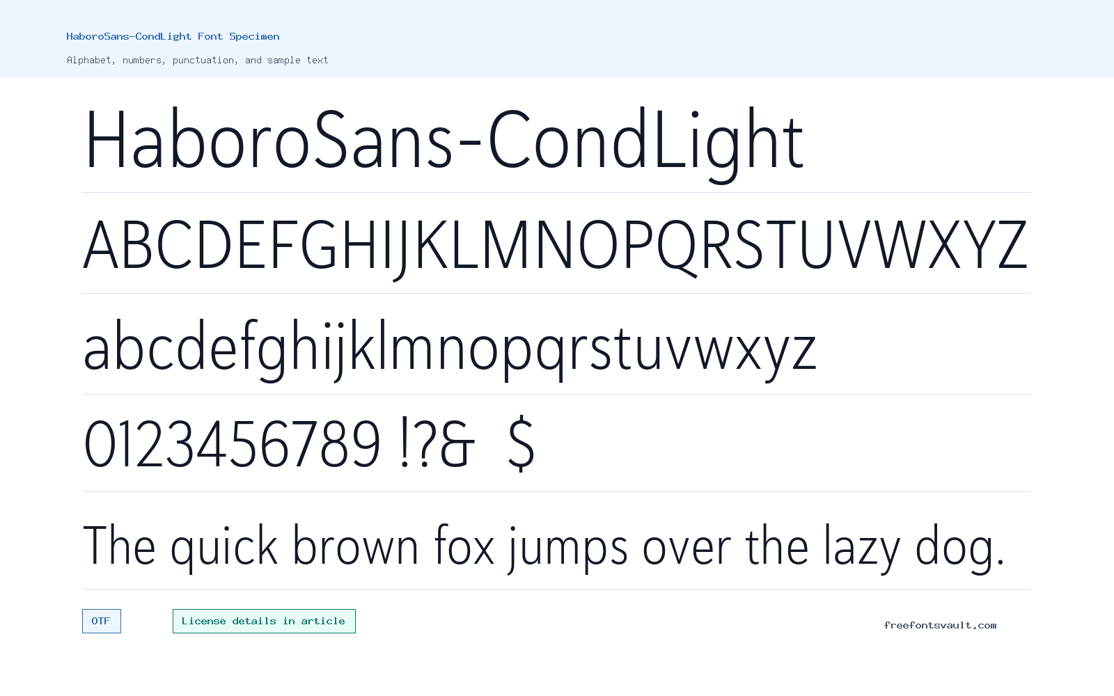 HaboroSans-CondLight font specimen showing alphabet, numbers, and sample text