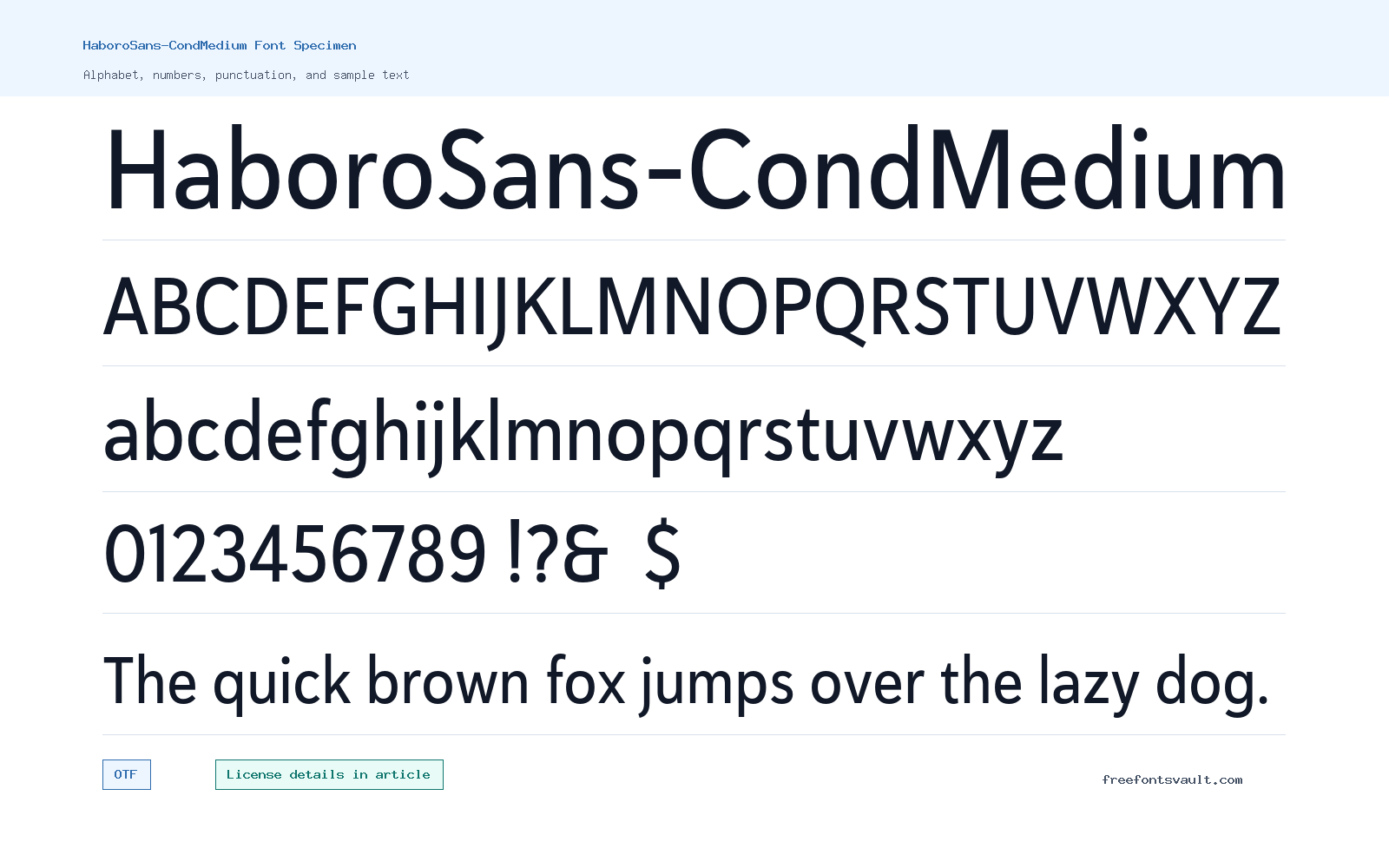 HaboroSans-CondMedium font specimen showing alphabet, numbers, and sample text