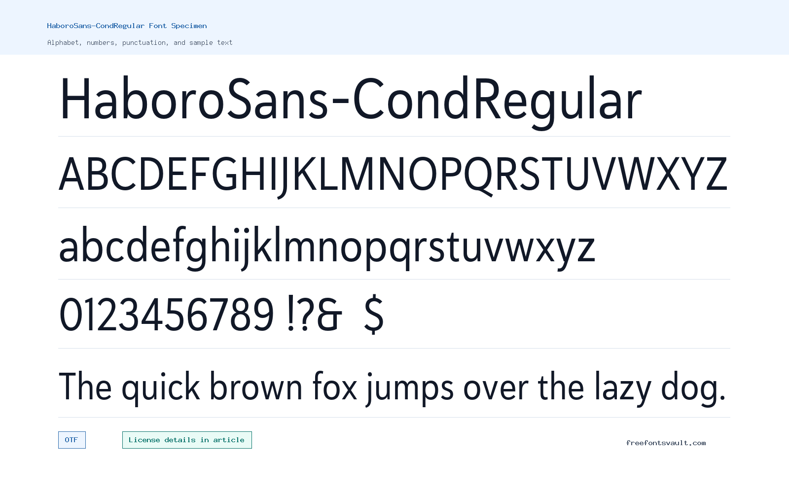 HaboroSans-CondRegular font specimen showing alphabet, numbers, and sample text