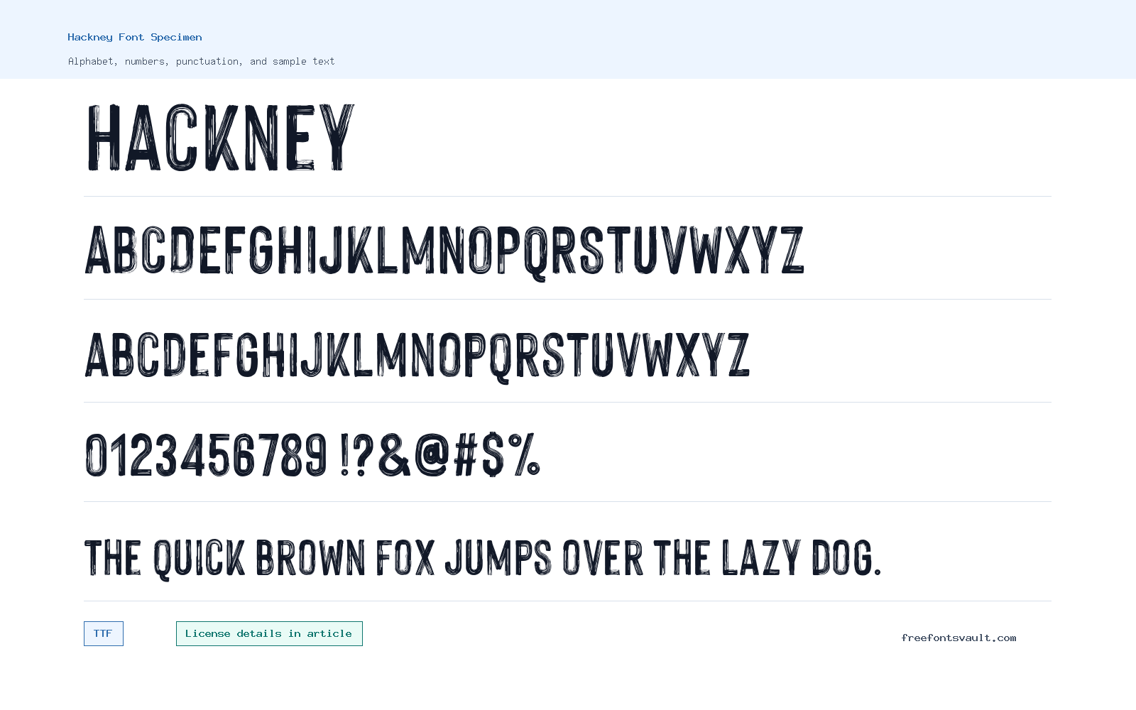 Hackney font specimen showing alphabet, numbers, and sample text