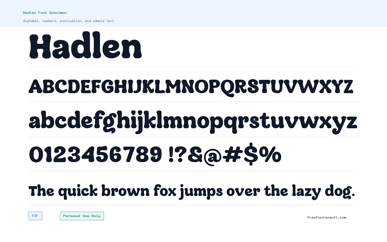 Hadlen font specimen showing alphabet, numbers, and sample text