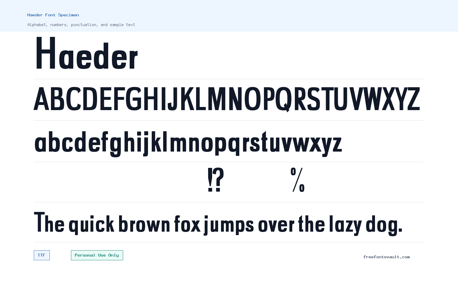 Haeder font specimen showing alphabet, numbers, and sample text