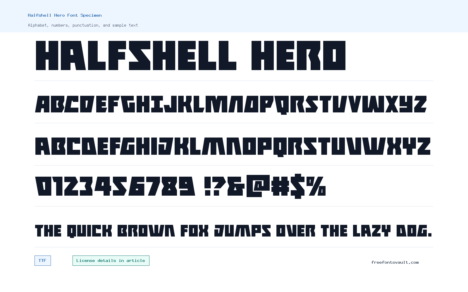 Halfshell Hero font specimen showing alphabet, numbers, and sample text