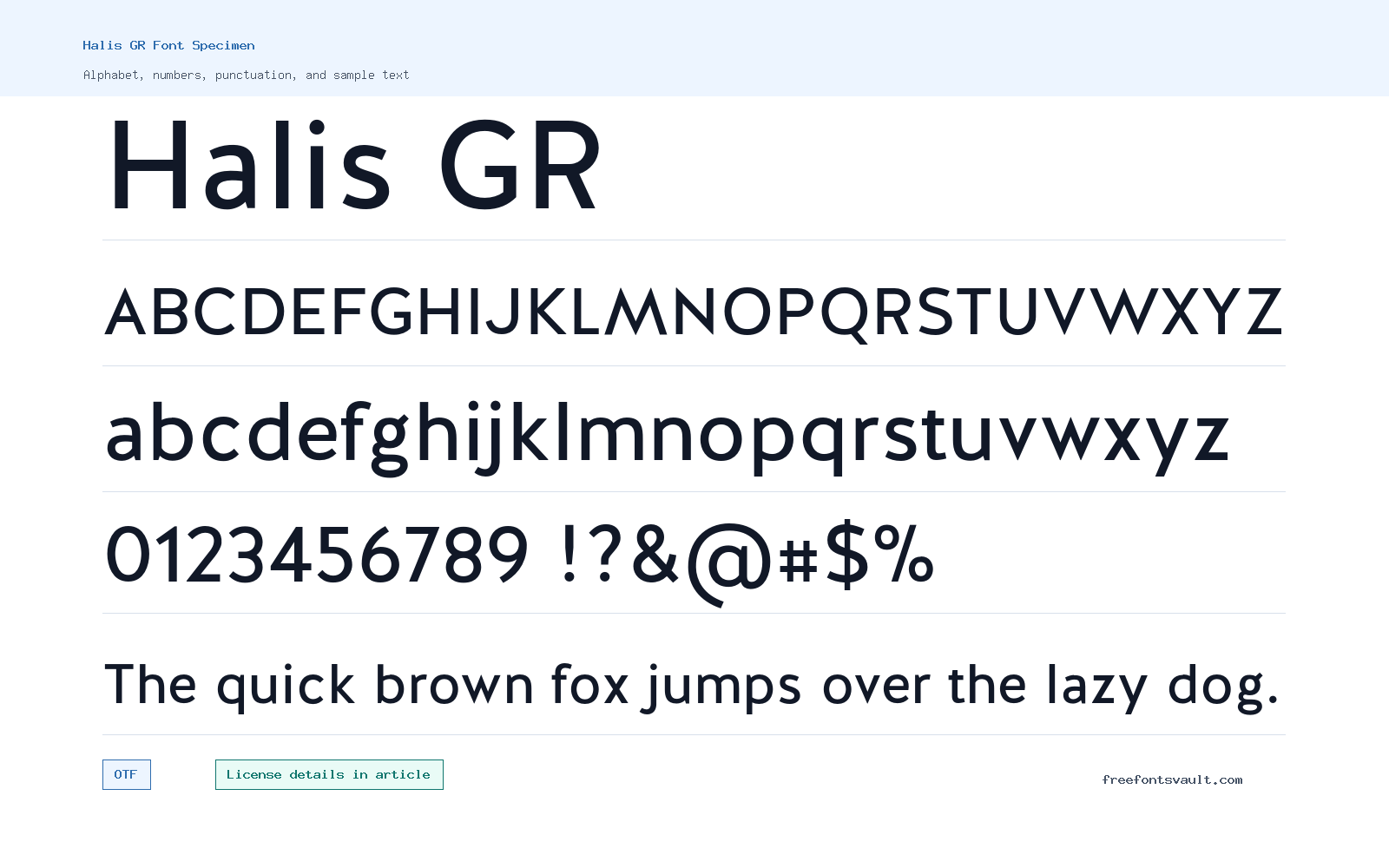 Halis GR font specimen showing alphabet, numbers, and sample text