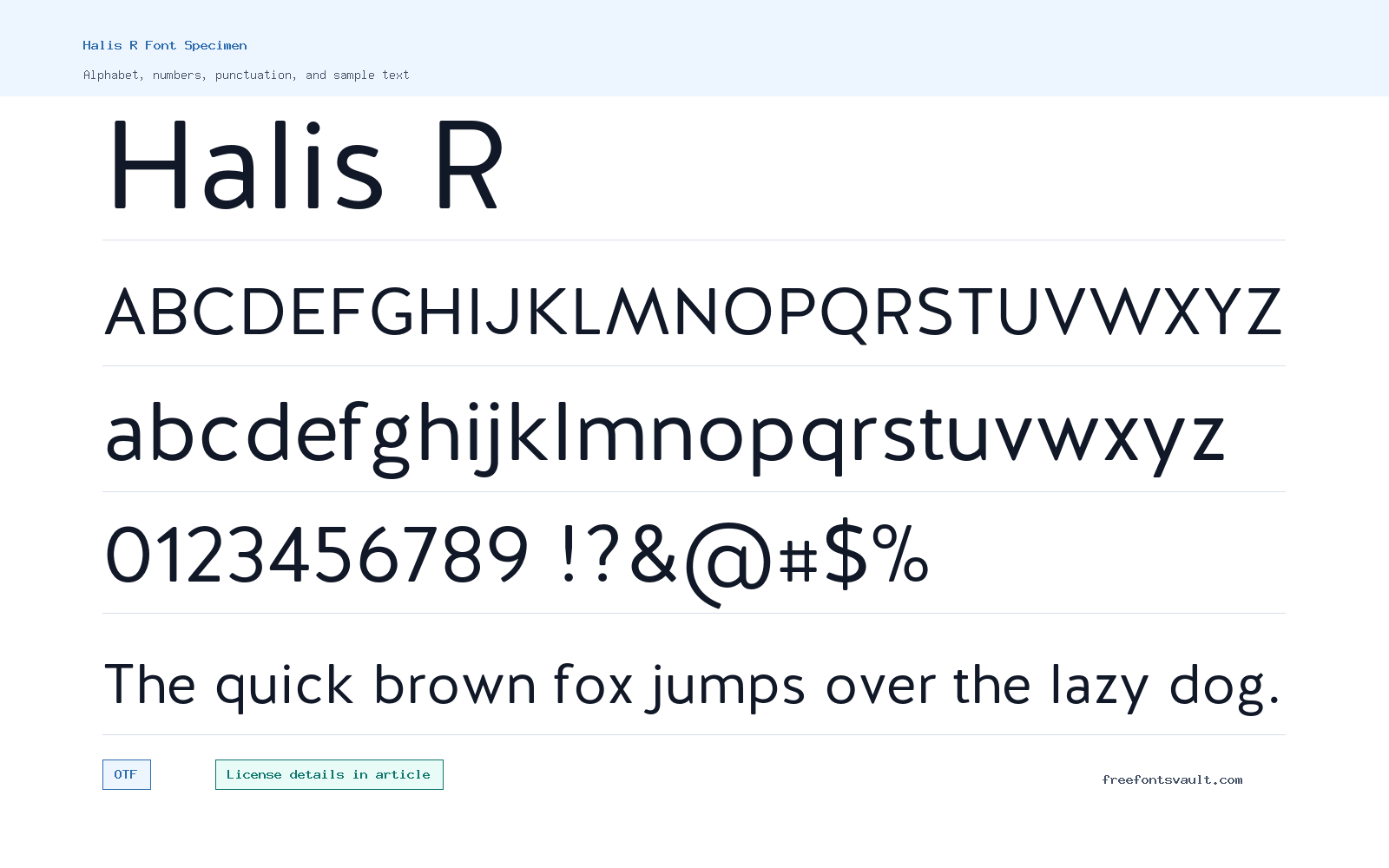 Halis R font specimen showing alphabet, numbers, and sample text
